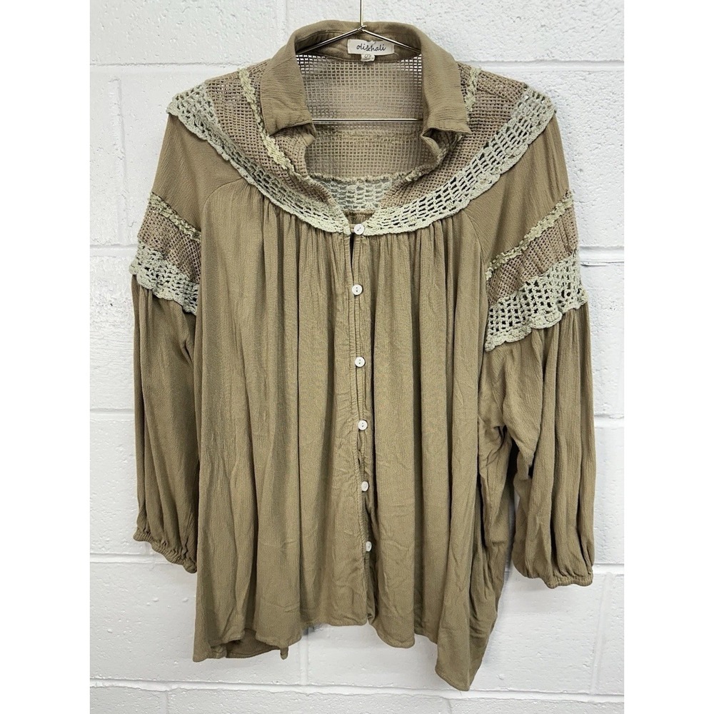 Oli‎ & Hali Blouse Tan Green Relaxed Crinkle Crochet Lace / Womens One Size